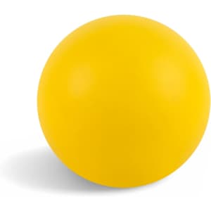 A yellow rubber ball with a smooth surface, featuring a round shape and a slight shadow.