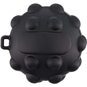 A black popper ball featuring rounded protrusions and a central button, designed for manipulation.