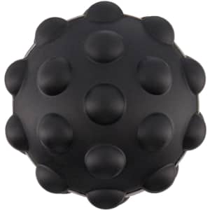 A black spherical toy featuring raised bumps on its surface, designed for tactile interaction. It has a branding logo.