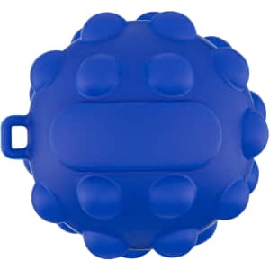 A blue rubber ball with a textured surface and a small loop, featuring rounded protrusions on its exterior.