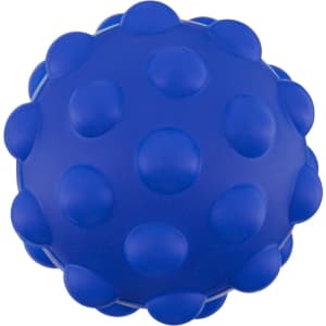 A blue textured ball featuring raised bumps, with a smooth surface and a logo on one side.