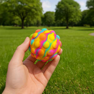 A hand holds a vibrant, multicoloured rubber ball with textured bumps, set against a green park background.