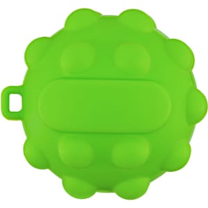 A green, round silicone popper ball with textured surface and a loop for attachment. Suitable for playful activities.