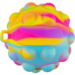 A vibrant, multicoloured rubber ball with a bumpy texture, featuring shades of pink, yellow, blue, and green.