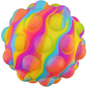 A brightly coloured, spherical popper ball featuring a mix of pink, yellow, blue, and orange patterns with raised bubbles.