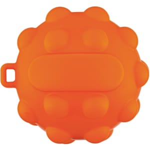 An orange silicone popper ball with raised circular features and a flat centre. It has a small loop on the side.