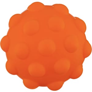 An orange rubber ball with a textured surface, featuring rounded protrusions all over. It has a logo on it.