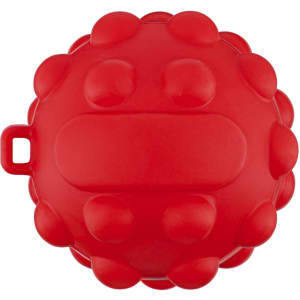 A red, round toy with a textured surface, featuring small raised bumps and a loop for attachment.