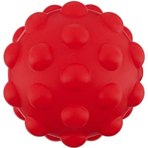 A red rubber ball with a textured surface, featuring raised bumps and a round shape. It has a logo on the side.