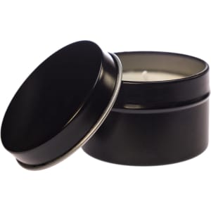 A petite black candle in a tin, featuring a removable lid and a candle wick.