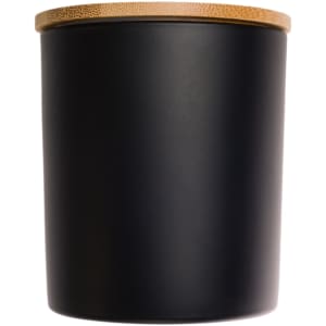 A medium black glass candle with a natural bamboo lid, featuring a smooth, sleek design.