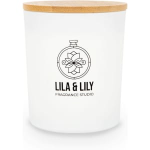 A medium glass candle with a white frosted finish and a bamboo lid, featuring a logo.