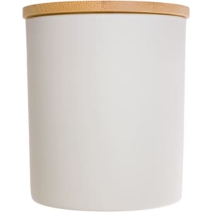 A medium-sized white glass candle with a wooden lid, featuring a sleek and modern design.