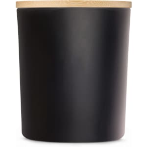 A large black glass candle with a natural wood lid. The candle features a sleek, modern design.