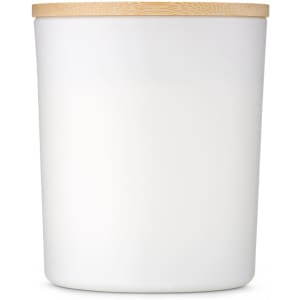A large white glass candle with a bamboo lid. The design is simple and elegant, suitable for home décor.