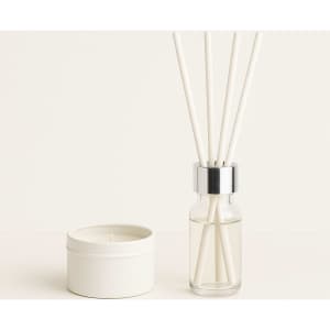 A vanilla reed diffuser with white reeds, housed in a glass bottle with a silver collar, alongside a white container.
