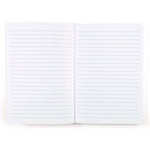 A bamboo notebook with blank, lined pages. The notebook is open, displaying two pages of horizontal lines for writing.