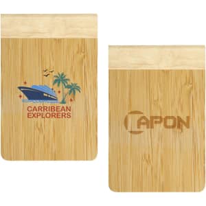 A bamboo notebook with a light wood top. One side features a logo, while the other is plain bamboo.