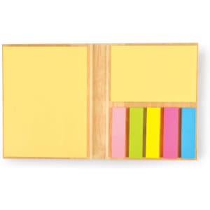 A set of sticky notes in yellow and pastel colors, arranged in a bamboo holder.