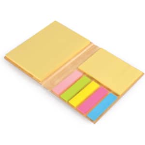 A set of bamboo sticky notes featuring yellow pads and colorful sticky flags in pink, green, blue, and orange.