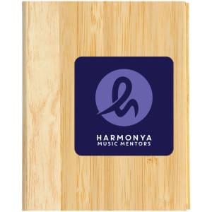 A set of Lumix Bamboo Sticky Notes with a natural bamboo design and a logo for Harmony Music Mentors on the front.