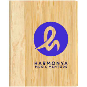 A bamboo sticky notes pad featuring a blue logo and text on a natural wood background.