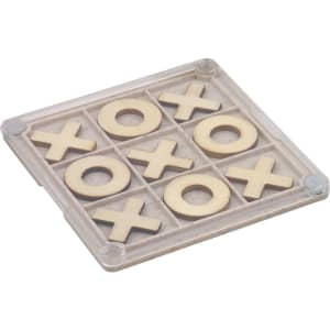 A translucent coaster featuring a Noughts & Crosses game with wooden X and O pieces in a grid layout.