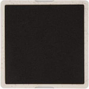 A square coaster featuring a black surface with a light-coloured border, including a logo.