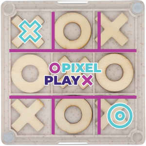 A Noughts & Crosses coaster featuring a wooden grid with X and O pieces, in a clear, plastic frame. Includes branding.