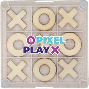 A Noughts & Crosses coaster featuring a clear background with wooden X and O pieces arranged in a grid, along with a logo.