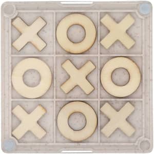A Noughts and Crosses coaster featuring wooden Xs and Os arranged on a clear, square base.