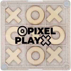 A Noughts & Crosses coaster in a clear casing with wooden pieces in a grid pattern. It features a logo on top.