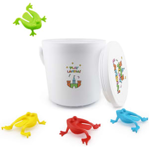 A white container with a lid and colourful frogs in green, red, blue, and yellow surrounding it. The container has a logo.