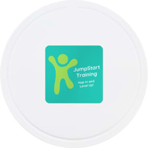 A round, white disc featuring a green logo of a person with arms raised, labelled "JumpStart Training".
