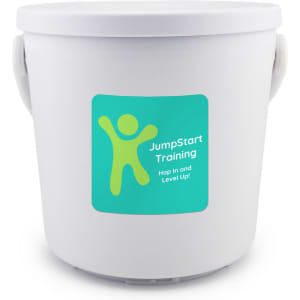 A white bucket with a green sticker featuring a playful figure and the text "JumpStart Training."