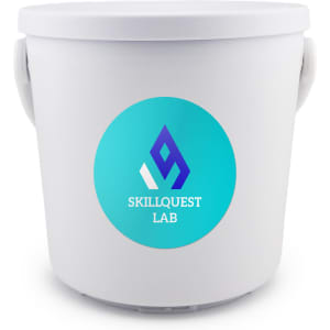 A white bucket featuring a large turquoise and blue circular logo with the text "SkillQuest Lab."