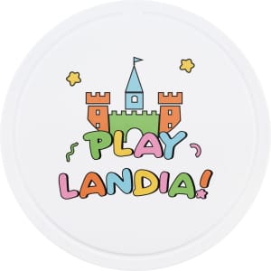 A round white game board featuring a castle design and colourful text spelling "PLAYLANDIA!" with decorative stars.