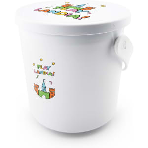 A white promotional bucket with colourful illustrations and a handle, featuring playful designs on the lid and sides.