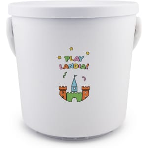 A white bucket with a playful design featuring a castle and text that reads "PLAY LANDIA!"