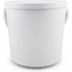 A white plastic bucket with a lid and two handles for easy carrying.