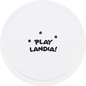 A round, white game disc with a playful design and a logo.