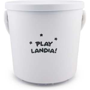 A white bucket with two handles and a logo featuring the text "Play Landia!" and stars.