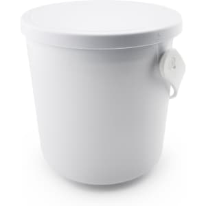 A white plastic bucket with a removable lid and a handle for easy carrying.