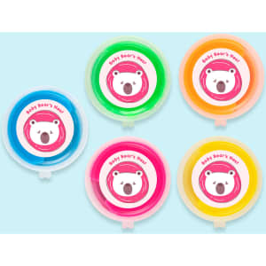 Five containers of brightly coloured putty in blue, green, pink, and orange, each with a bear-themed logo.