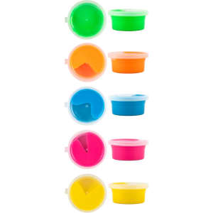 Eight small containers of putty in vibrant colors: green, orange, blue, pink, and yellow with white lids.