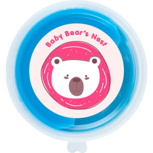 A container of blue putty with a circular lid featuring a bear illustration and a colorful design.