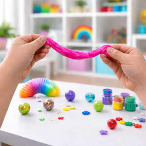A pair of hands stretches bright pink putty, surrounded by colourful decorative items and a rainbow toy on a table.