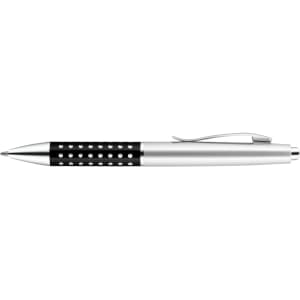 A metal pen featuring a silver body with a black grip adorned with silver dots and a clip for easy attachment.