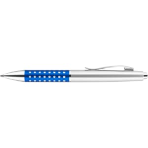 A metallic pen featuring a blue grip with polka dots and a silver barrel, equipped with a clip. It has a logo.