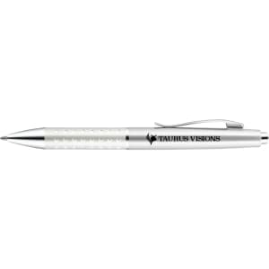 A silver metal pen with a textured grip and a clip, featuring a logo.